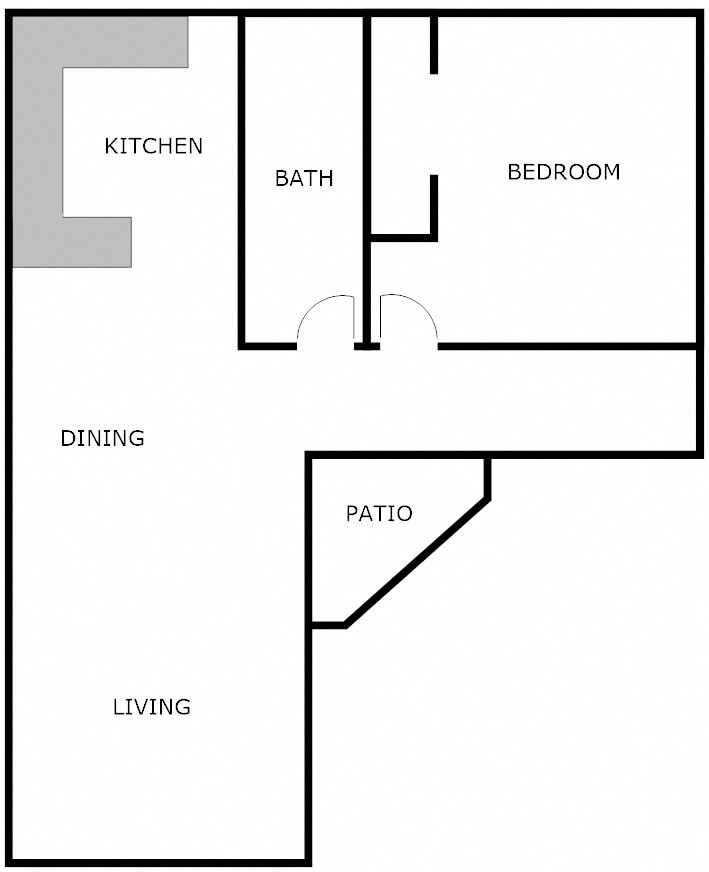 Floor plan for 1 bed, 1 bath, 730 sqft